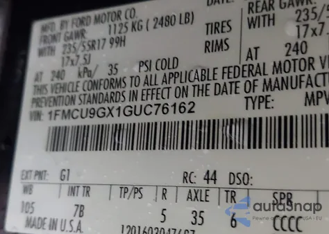 2016 Ford Escape Se from USA, damaged, VIN 1FMCU9GX1GUC76162